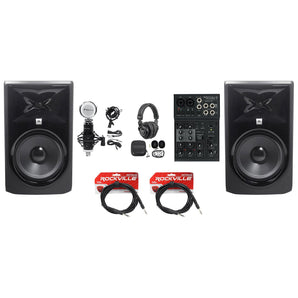 2) JBL 308P MkII 8" Studio Monitors+USB Interface Mixer+Headphones+Condenser Mic