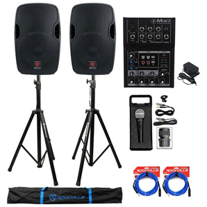 2) Rockville BPA12 12" Active 600w DJ PA Speakers+Mackie Mixer+Stands+Mic+Cables