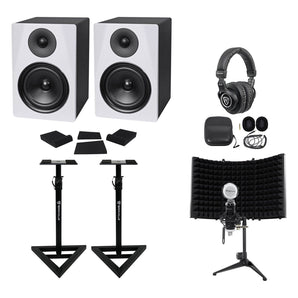 Pair Rockville DPM6W 6.5" Active Studio Monitors+Stands+Headphones+Mic and Shield