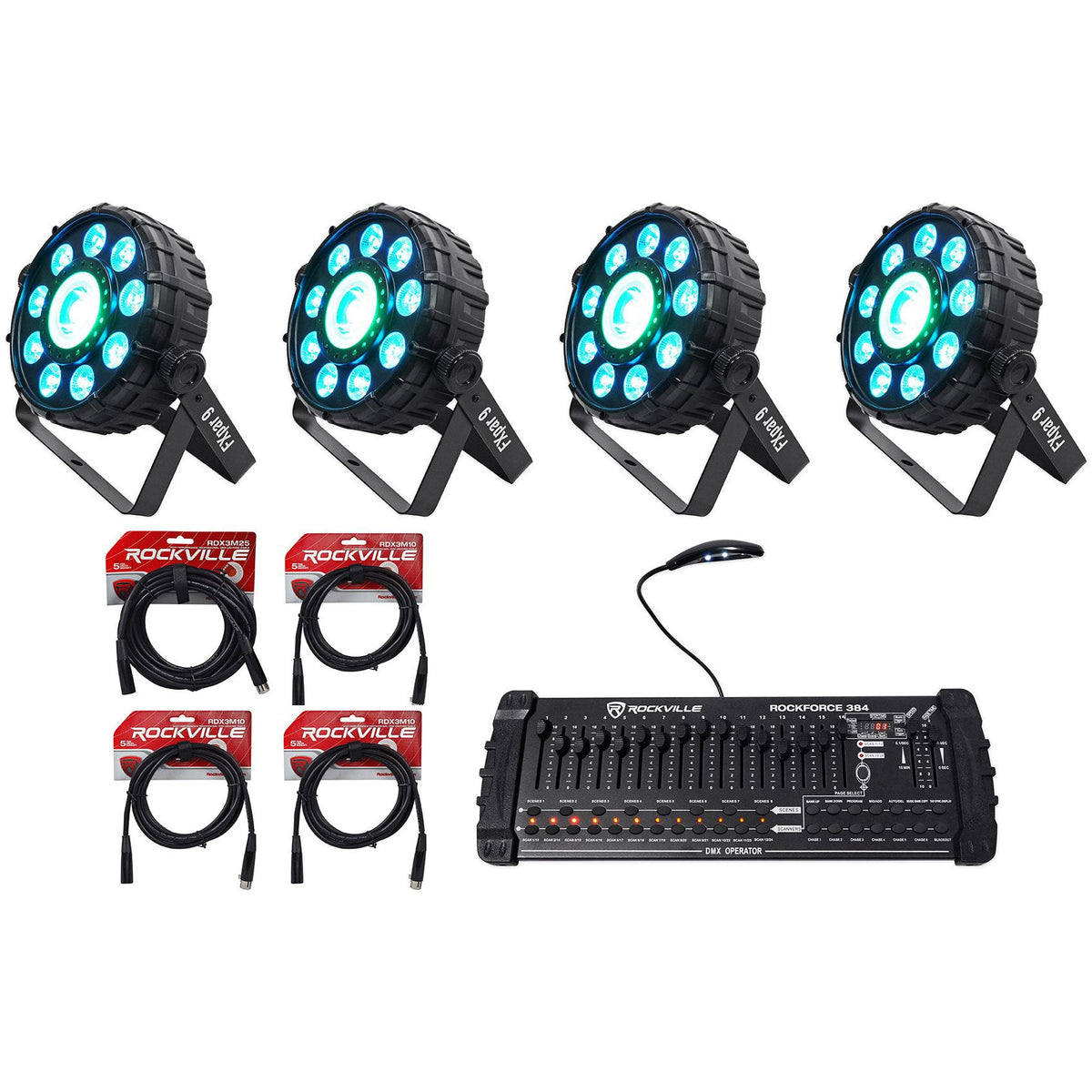 (4) FX Par 9 Multi-Effect Par Lights + ROCKFORCE 384 DMX Controller + Cables