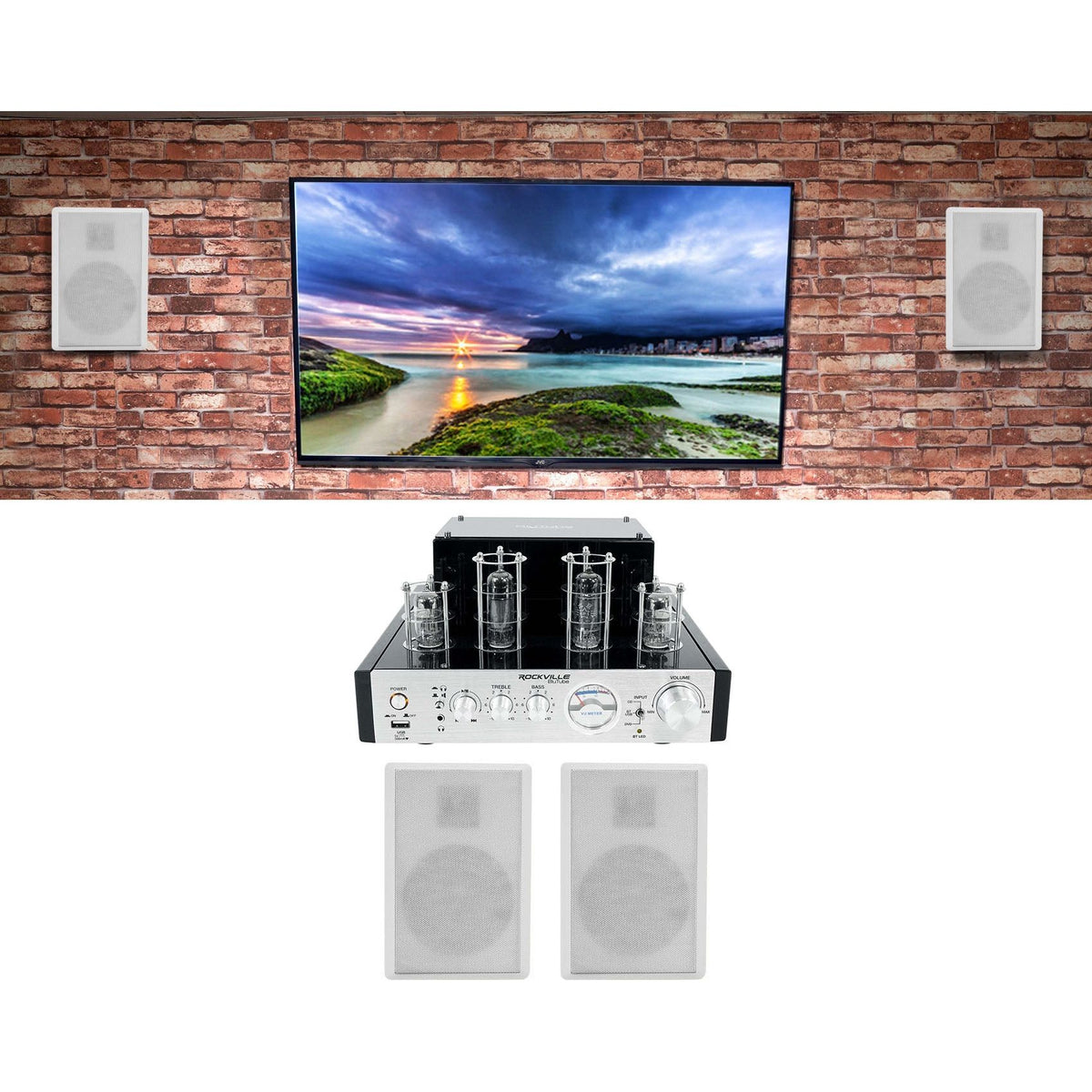 BluTube Tube Amplifier/Home Theater Receiver + (4) Wall Speakers in White