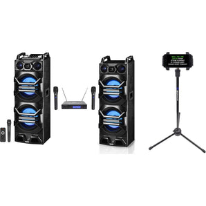 2) Technical Pro Dual 10" 3000w Bluetooth Karaoke Speakers w/USB/SD/LED+3) Mics