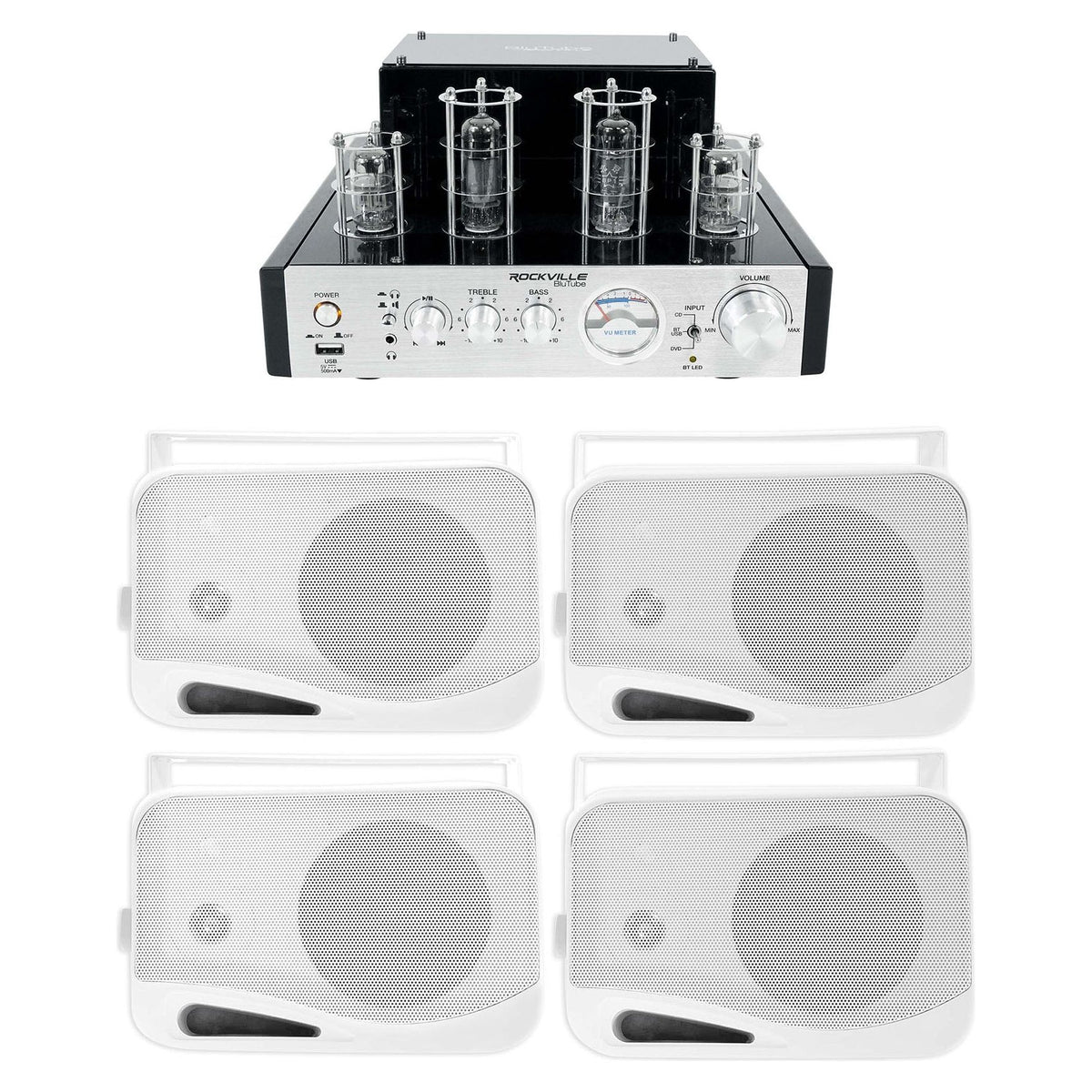 BluTube Tube Amplifier + (4) 4" White Outdoor/Indoor Wall Speakers