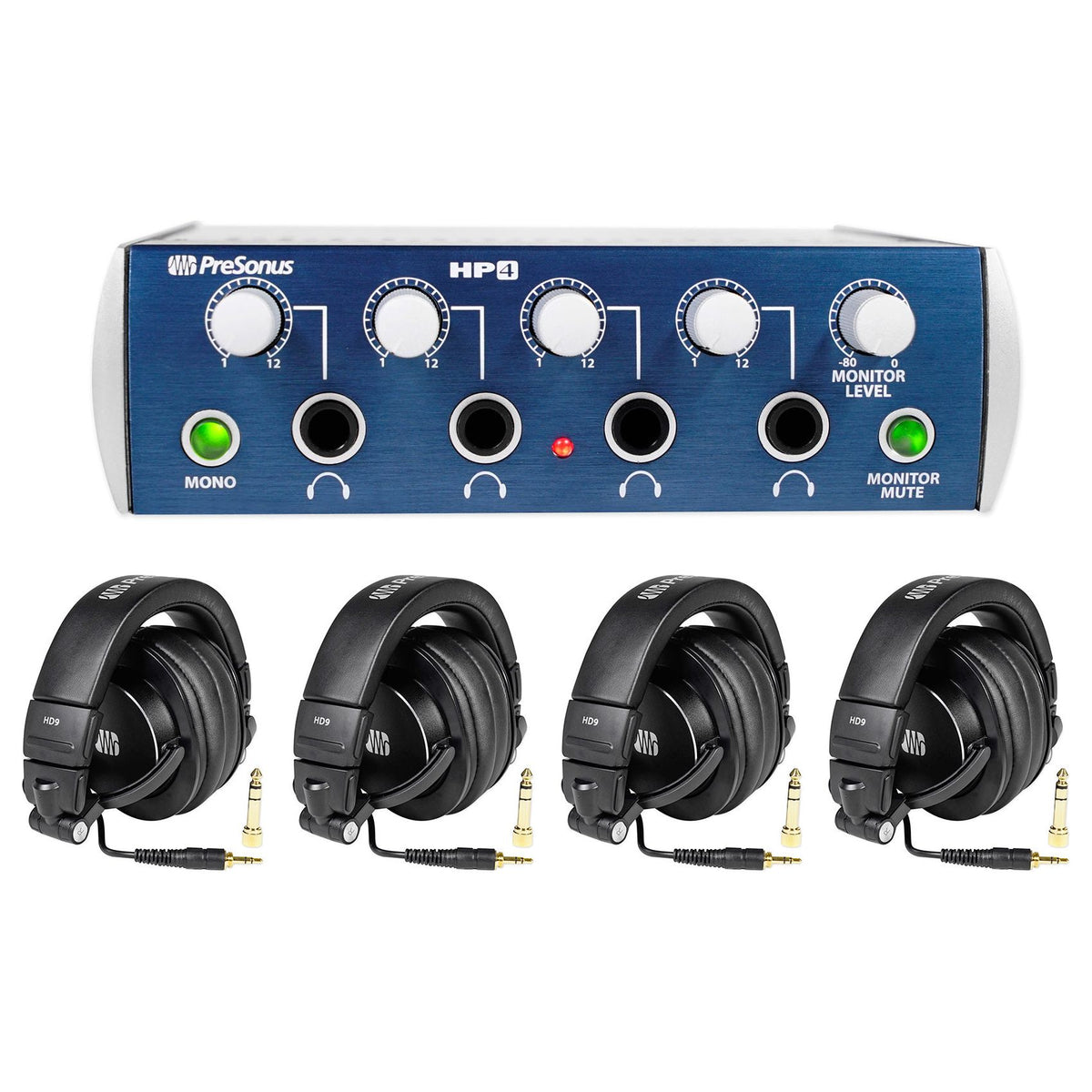 PRESONUS HP4 Headphone Amplifier+ (4) HD9 Studio Headphones + (4) Recording Mics