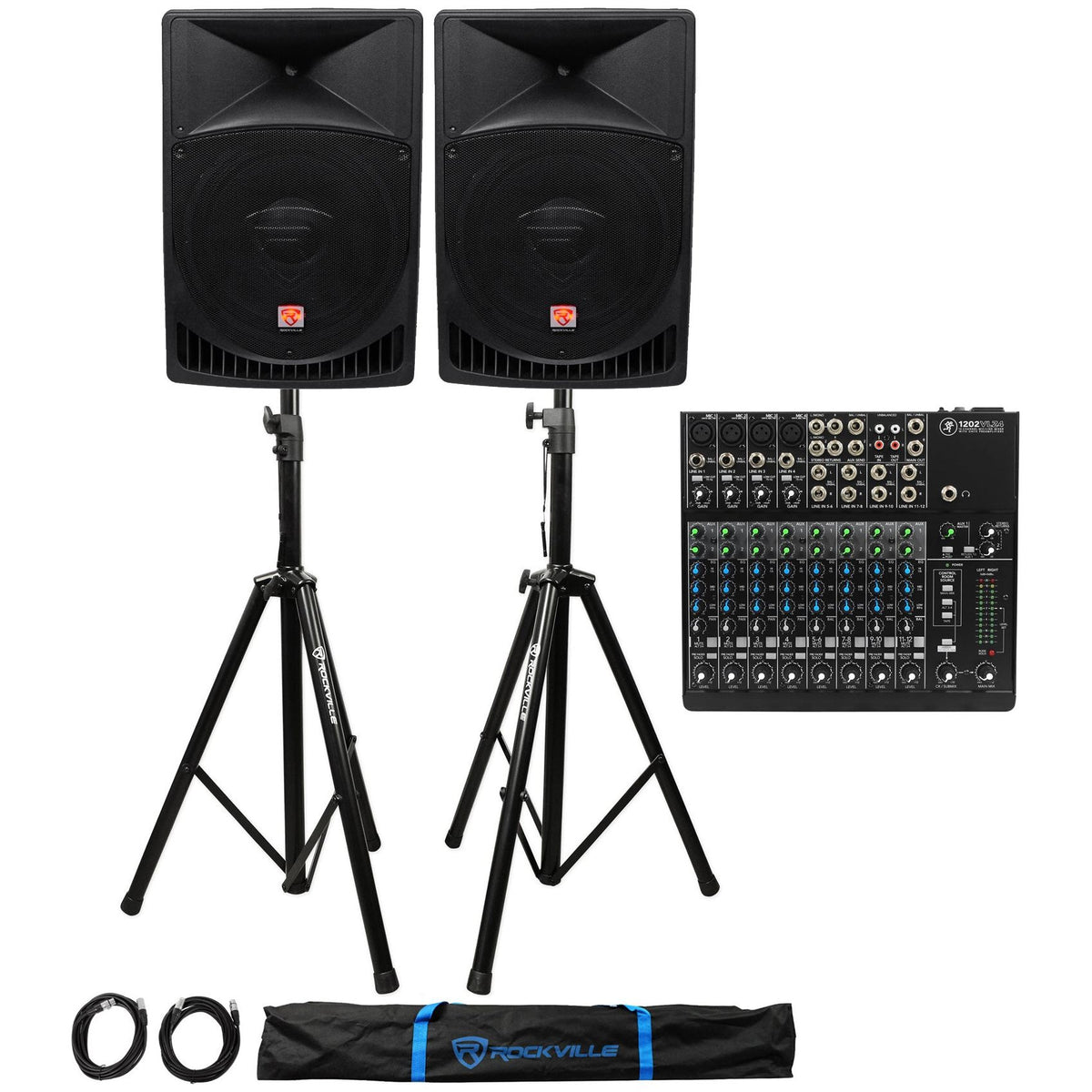 1202VLZ4 Mixer with (2) RPG15 Powered Speakers and Stands