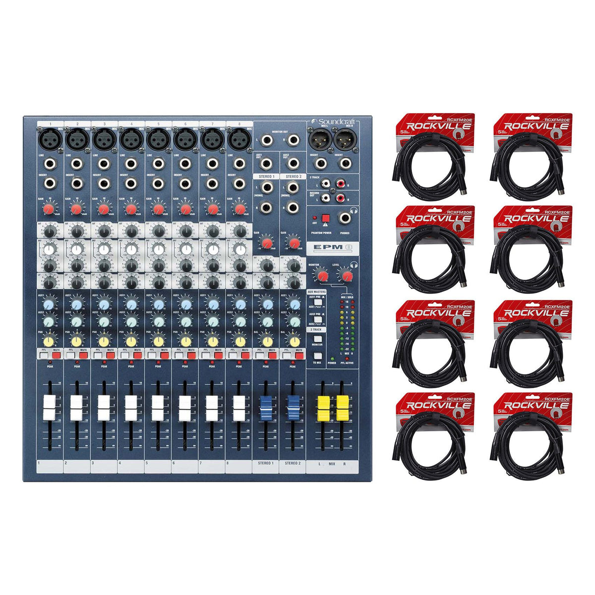 EPM8 8 Mono+2 Stereo Channel 2-Bus Mixer + 8 XLR Cables