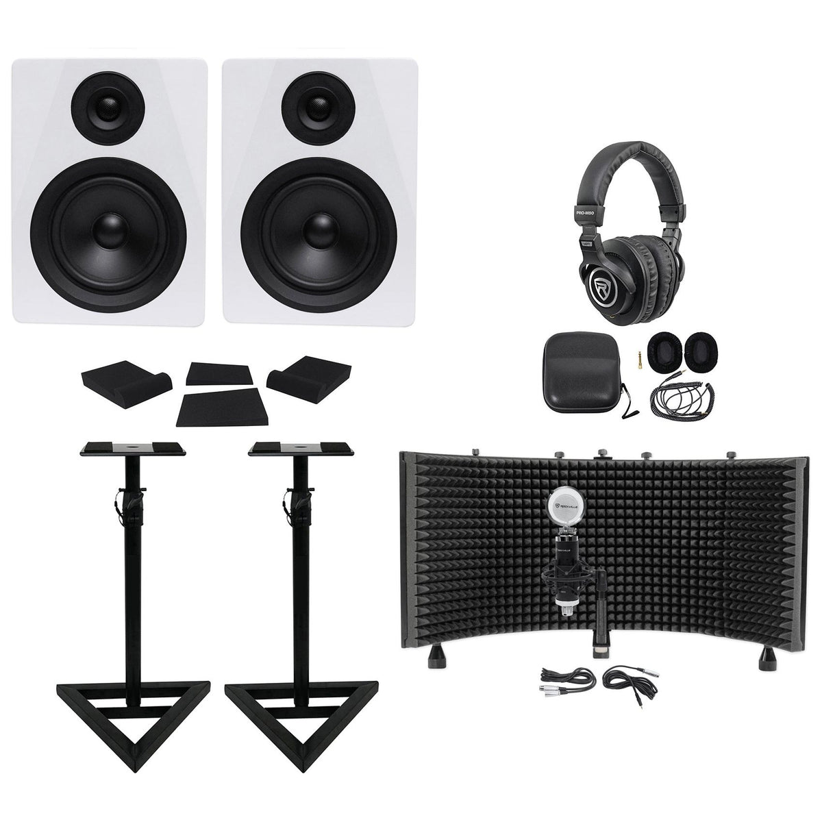 (2) DPM5W 5.25" 300W Studio Monitors + Stands + Headphones + Mic + Shield