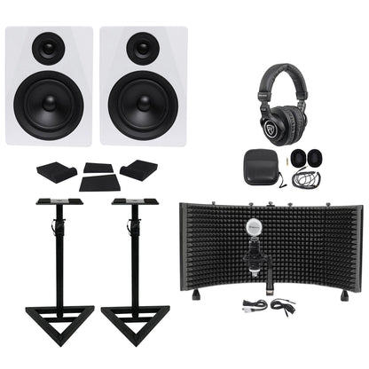 (2) DPM5W 5.25" 300W Studio Monitors + Stands + Headphones + Mic + Shield