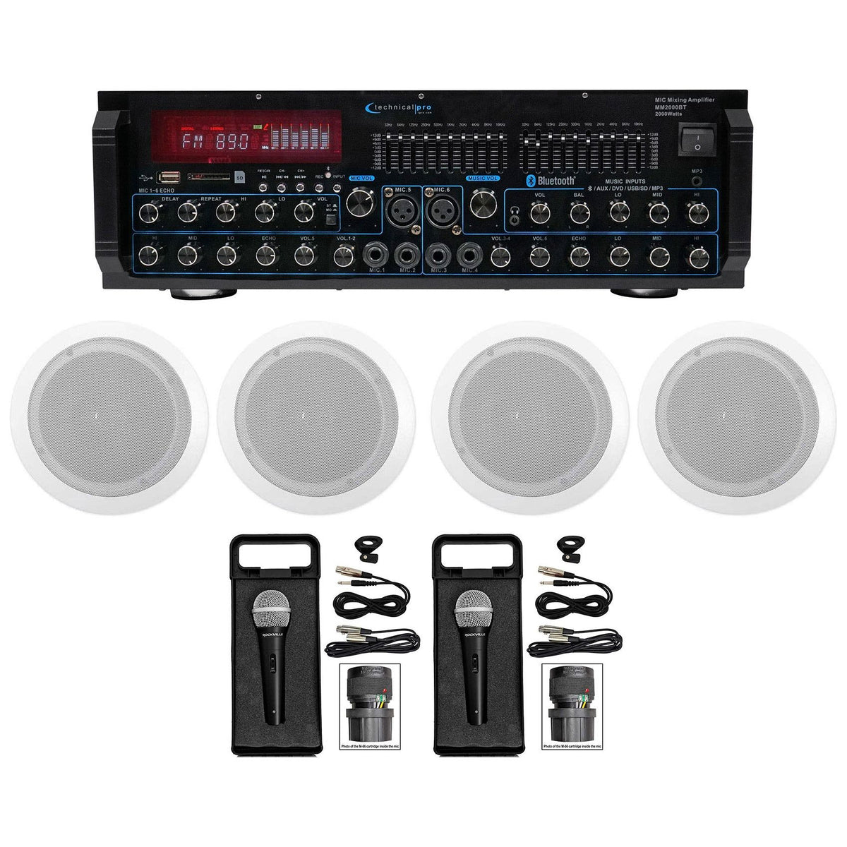 MM2000BT Bluetooth Karaoke Mixer System + (4) 6.5" Ceiling Speakers