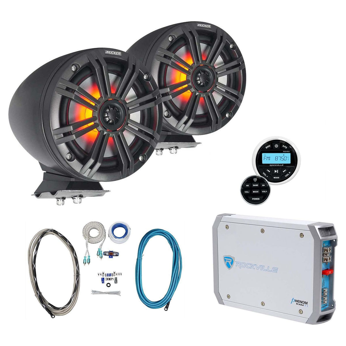 KMFC8 8" Black Marine Speakers, Receiver, Amp & Wire Kit