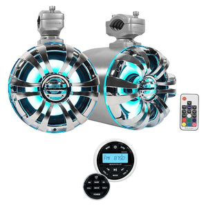 (2) Rockville WB65KLED 6.5" LED Marine Wakeboard Swivel Tower Speakers+Receiver