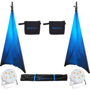 (2) Rockville Tripod DJ PA Speaker Stands+Carry Case+Scrims+ (2) RGB Par Lights