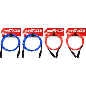 4 Rockville 6' Female to Male REAN XLR Mic Cable (2 Red and 2 Blue)