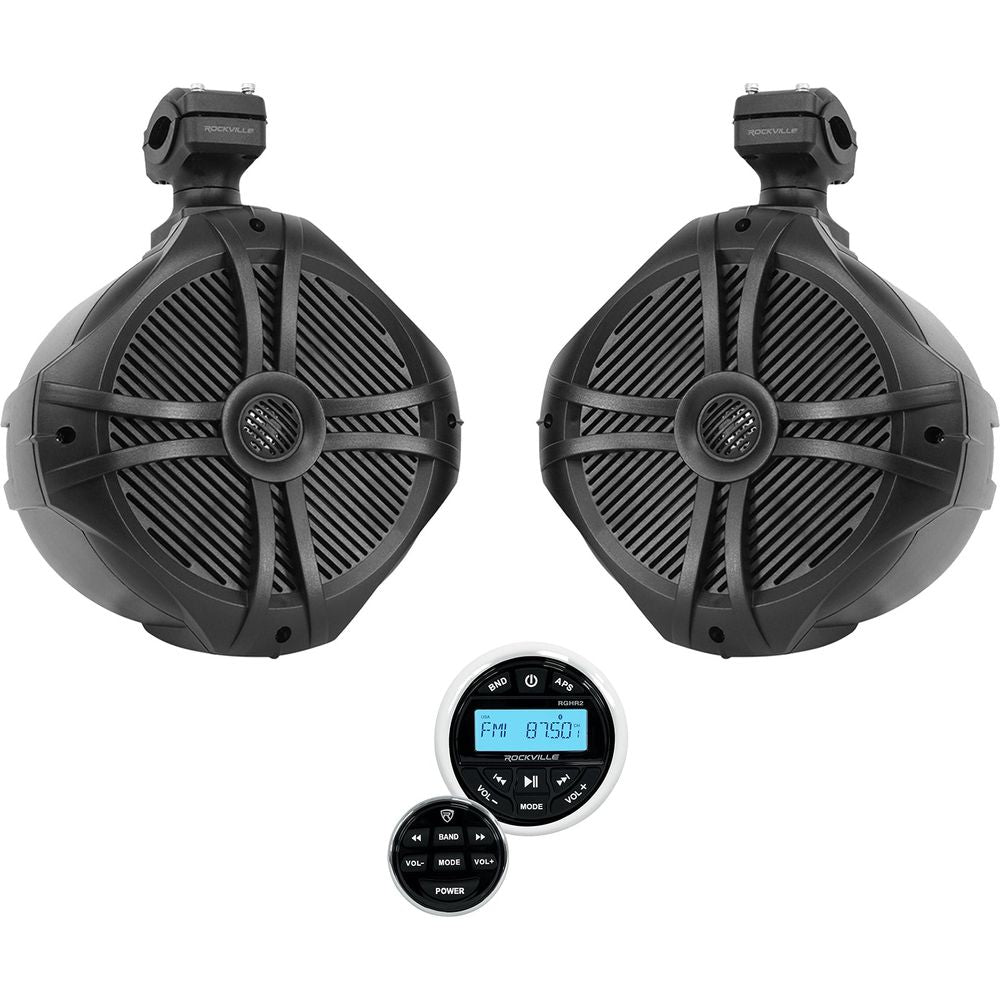 (2) Rockville RWB90B Black 8" Marine Wakeboard Swivel Tower Speakers+Receiver