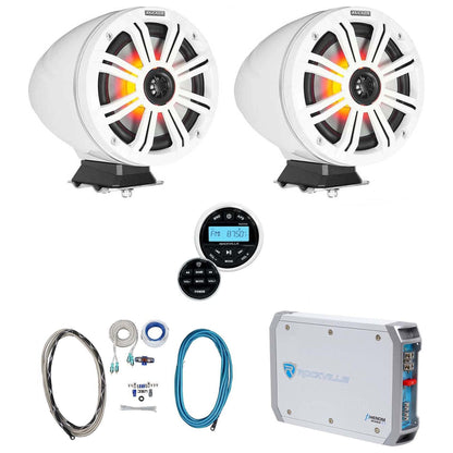 KMFC8W 8" White Marine Speakers, Receiver, Amp & Wire Kit