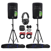 (2) SRM350V3 1000W 10in Powered PA Speaker Bundle with Hydraulic Stands & Headphones