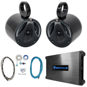 (2) MTX 6.5" 150w Black Marine Boat Wakeboard Tower Speakers+Amplifier+Wires