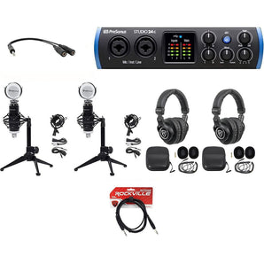 2-Person Podcast Podcasting Recording Kit w/Presonus STUDIO 24C Interface+Stands
