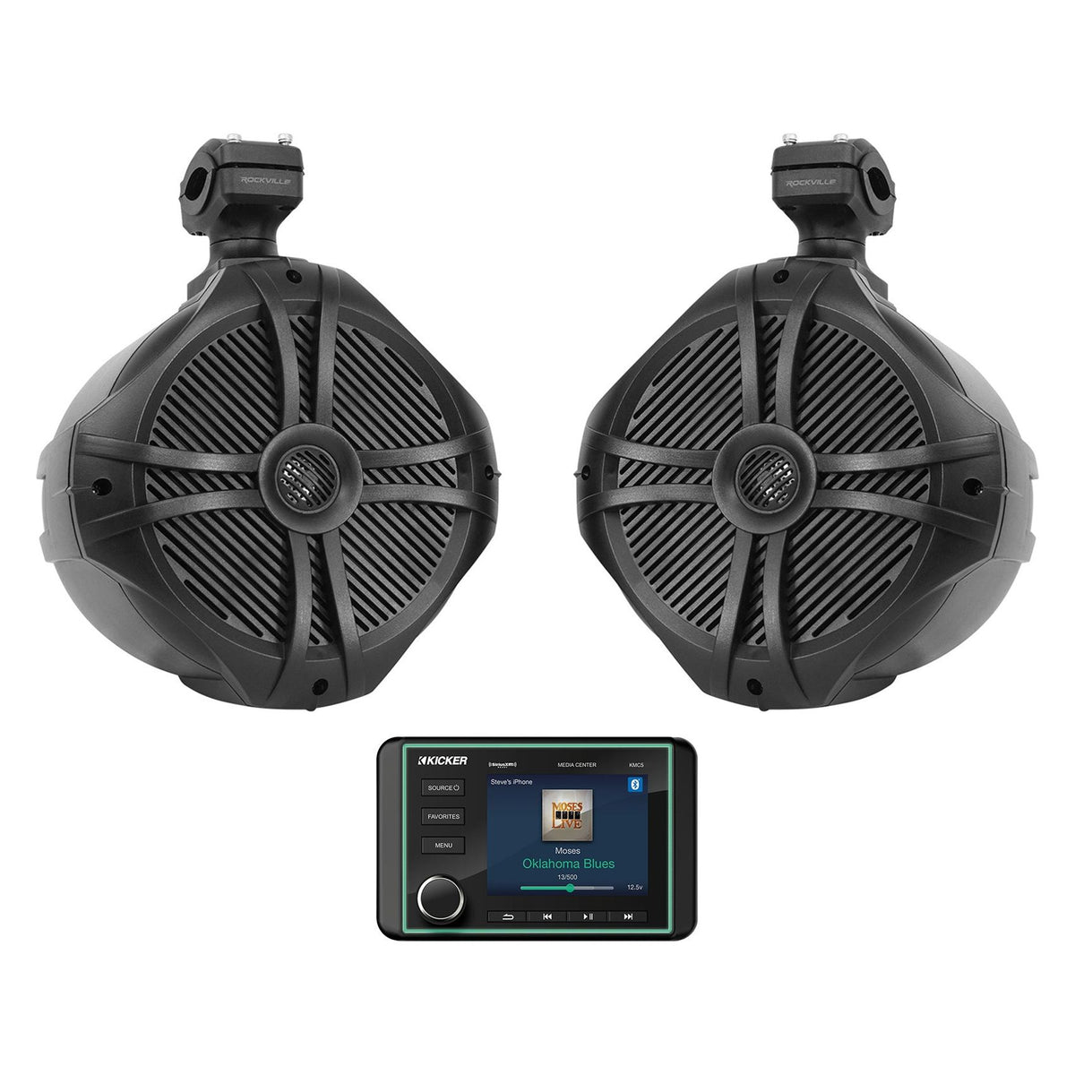 KICKER KMC5 Marine Digital Media Receiver w/Bluetooth+8" Black Tower Speakers