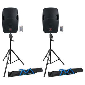 (2) Rockville BPA12 12" Powered 600 Watt DJ PA Speakers+Crank-Up Speaker Stands