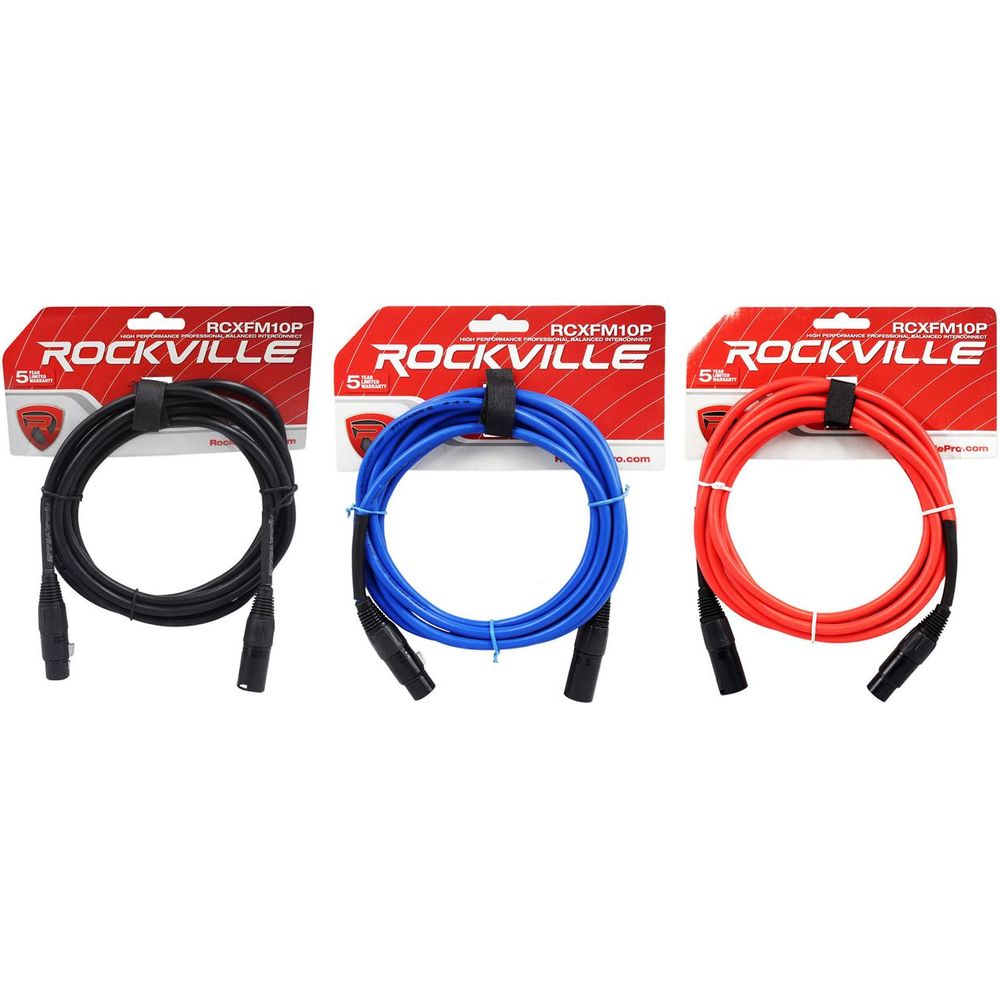 3 10' Female to Male XLR Cables 100% Copper (Black, Blue, and Red)