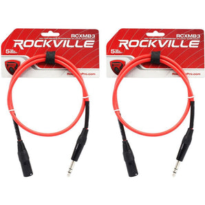 2 Rockville RCXMB3-R Red 3' Male REAN XLR to 1/4'' TRS Balanced Cables