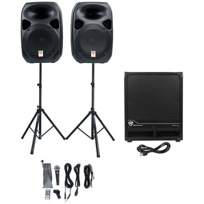 Rockville RPG122K Dual 12" Active Bluetooth Speakers+Mic+Stands+Subwoofer+Cables