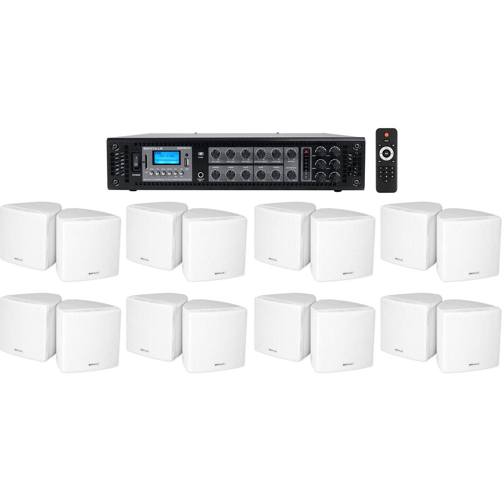 Commercial 6-Zone Bluetooth Amp+16 3.5" White Cube Restaurant Speakers