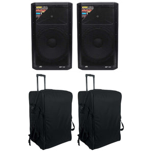 2) Peavey DM 115 15" 1000 Watt Active Powered DJ PA Speakers+Rolling Travel Bags