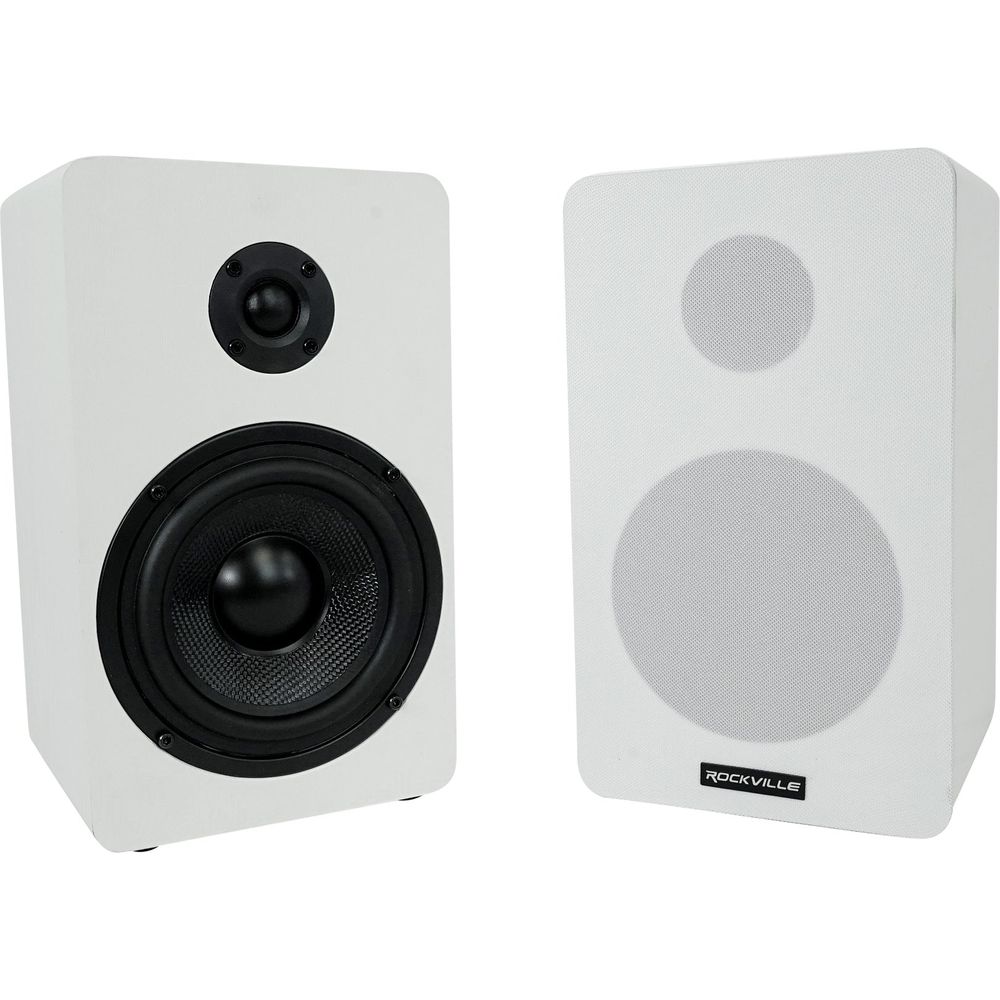 RockShelf 54W White 5.25" Home Bookshelf Speakers w/29" Stands