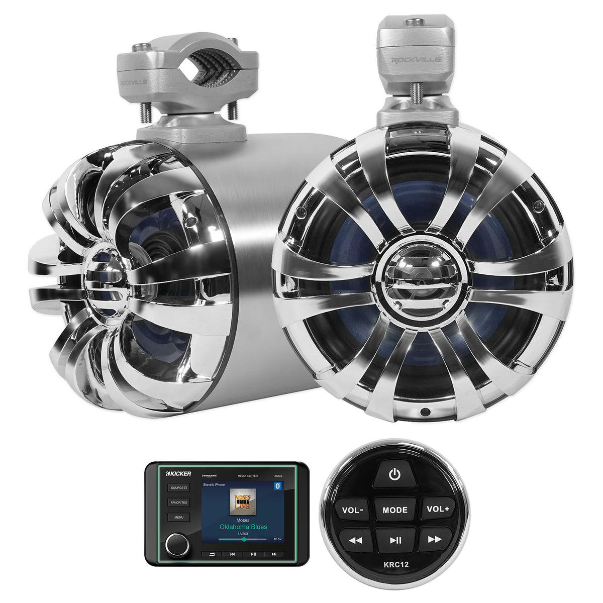KMC5 Marine Bluetooth Receiver+Remote+(2) 6.5" Chrome Tower Speakers