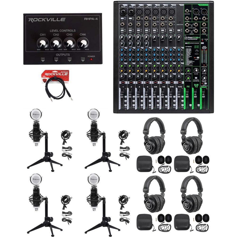 4-Person Podcast Recording Kit with ProFX12v3 Mixer and Desk Stands