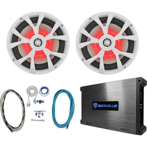 (2) Rockville RKL80MW 8" 900 Watt Marine Boat LED Speakers+Amplifier+Amp Kit