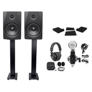 2) Rockville DPM8B 8" 600w Dual Active Studio Monitors+36" Stands+Headphones+Mic