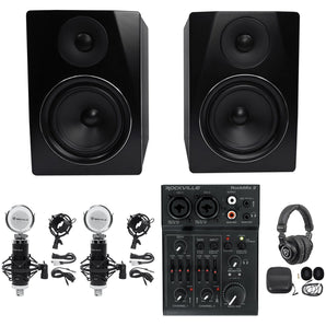 Rockville Recording Kit: 2) 6.5" Black Studio Monitors+USB Mixer+Mics+Headphones