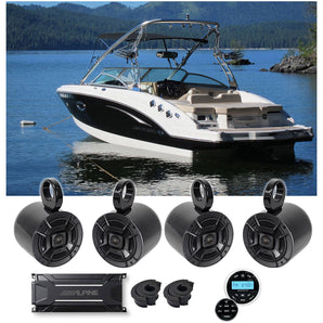 4) Polk Audio Marine Boat Wakeboard Tower Speakers+Alpine 4-Channel Amp+Receiver