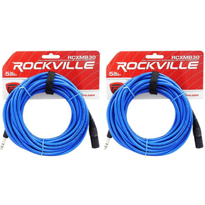 2 Rockville RCXMB30-BL Blue 30' Male REAN XLR to 1/4'' TRS Balanced Cables