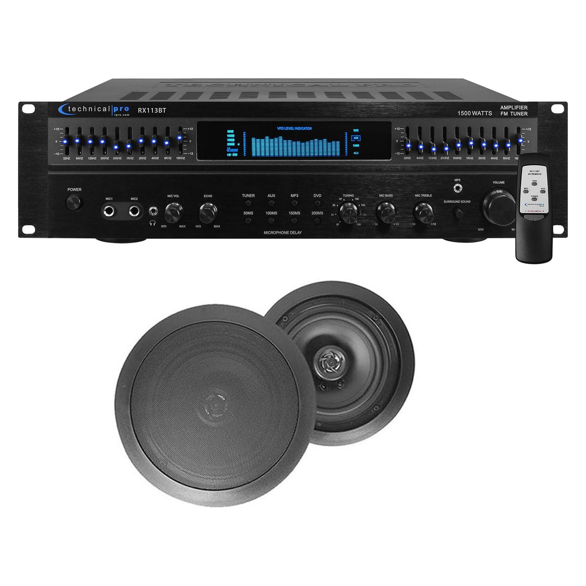 RX113 1500w Home Theater Amplifier Receiver + (2) 8" Black Ceiling Speakers