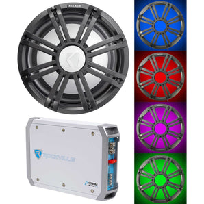 KICKER 45KMF104 10" Free Air Marine Subwoofer+Amplifier+Charcoal Grille w/LED's