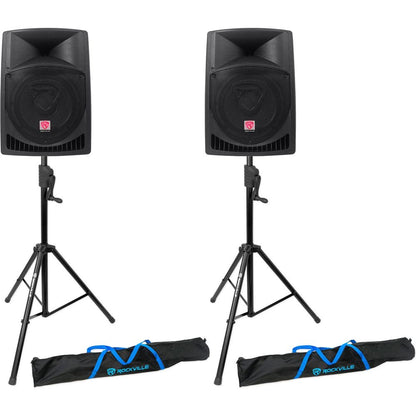 (2) RPG12 12" Powered 800W DJ PA Speakers+Crank-Up Speaker Stands