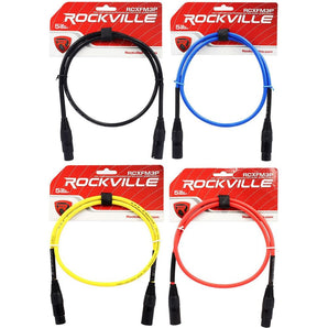 4 Rockville 3' Female to Male REAN XLR Mic Cable 100% Copper (4 Colors)