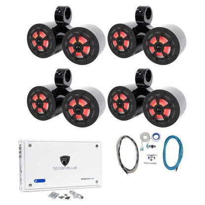 (4) RKL65MBW Dual 6.5" Marine Wakeboard LED Speakers+Amplifier+Wires