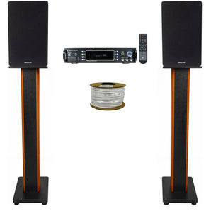Rockville RPA60BT Receiver+(2) 6.5" Black Bookshelf Speakers+36" Wood Stands + Rockville R14GSBR100 Red/Blk 14 Gauge 100' Ft. Mini Spool Car Audio Speaker Wire