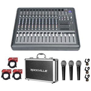 Rockville RPM1470 14 Channel 6000w Powered Mixer, USB/Effects+3 Mics+Case+Cables