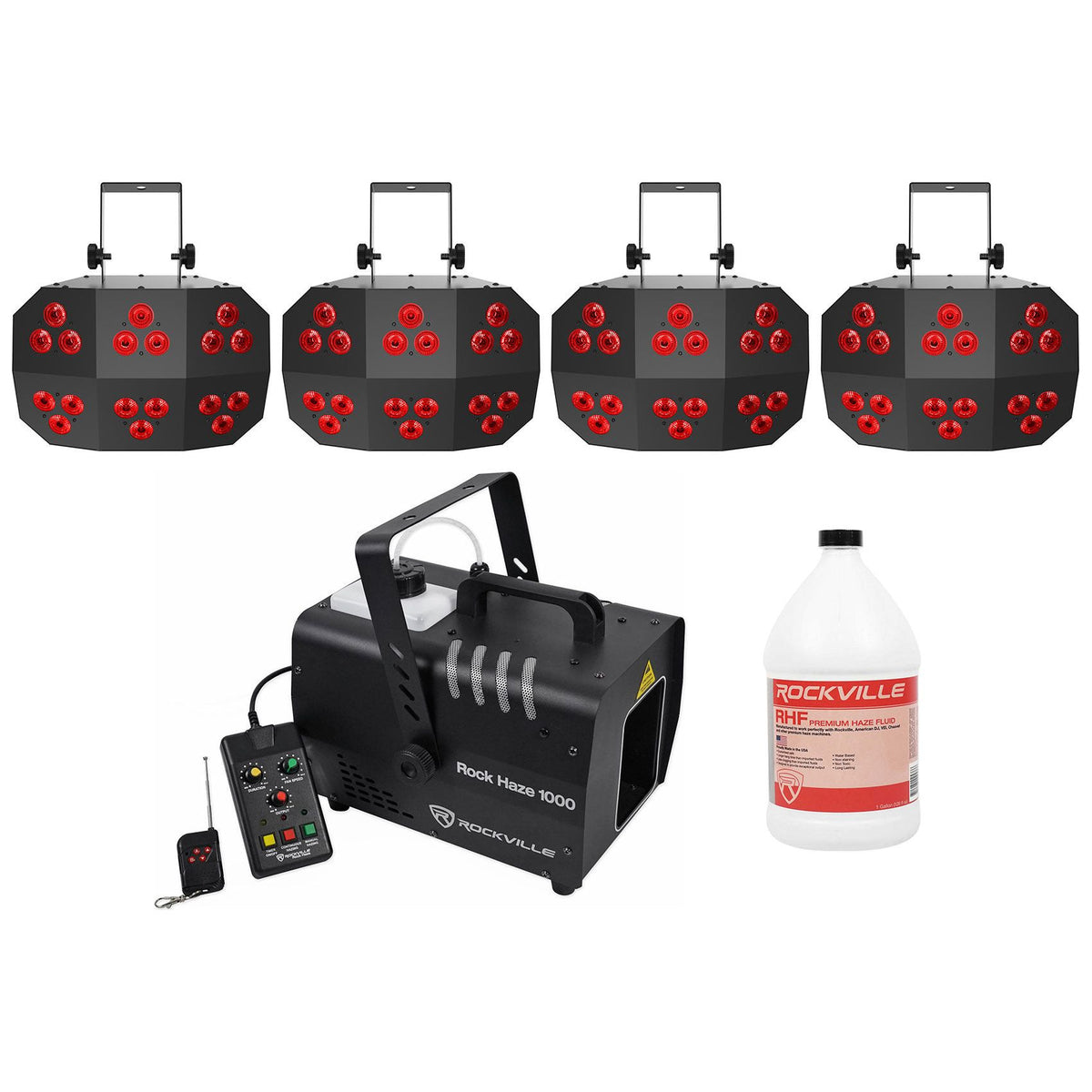(4) Wash FX 2 RGB+UV Effect Wash Lights + Haze Machine + Fluid