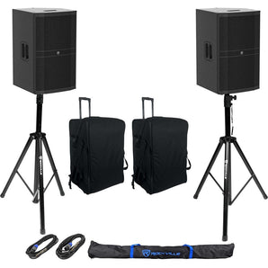 (2) Mackie DRM215-P 15" 1600w DJ PA Speakers+Rolling Carry Bags+Stands+Cables