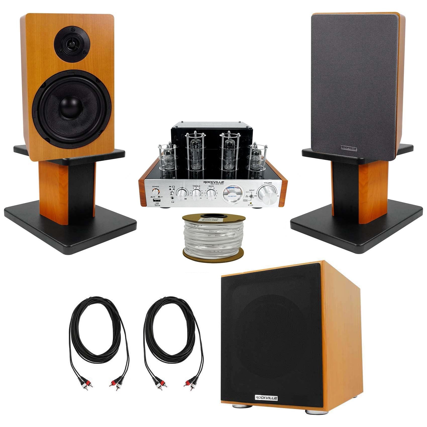 Rockville BluTube Bluetooth Tube Amplifier+Wood Bookshelf Speakers+Sta ...