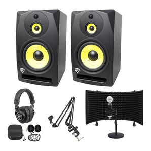 (2) Rockville DPM10B 10" 800w Active Studio Monitors+Headphones+Mic+Shield & Stand