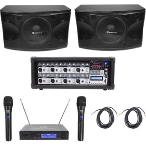 (2) Rockville KPS12 12" 3-Way 1600w Karaoke/Pro Speakers+Amplifier+Wireless Mics