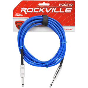 Rockville RCGT10BL 10' 1/4'' TS to 1/4'' TS Instrument Cable-Blue 100% Copper